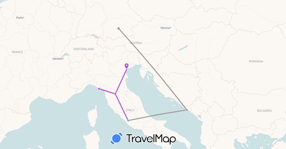 TravelMap itinerary: driving, plane, train in Germany, Croatia, Italy (Europe)